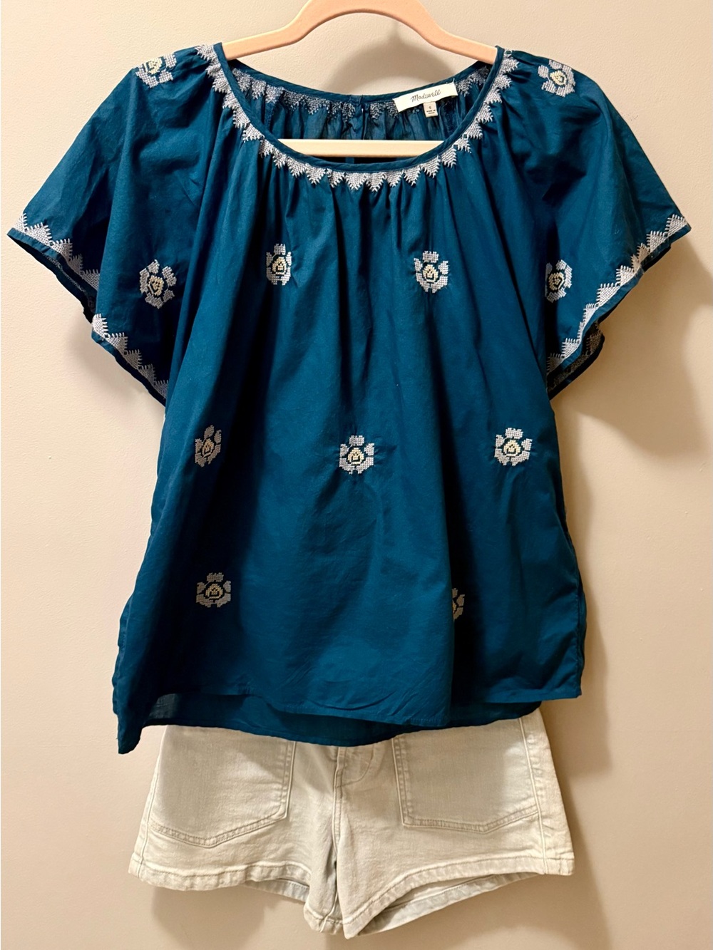 Madewell Teal Blue Embroidered Boho Peasant 100% Cotton Top S New Without Tags